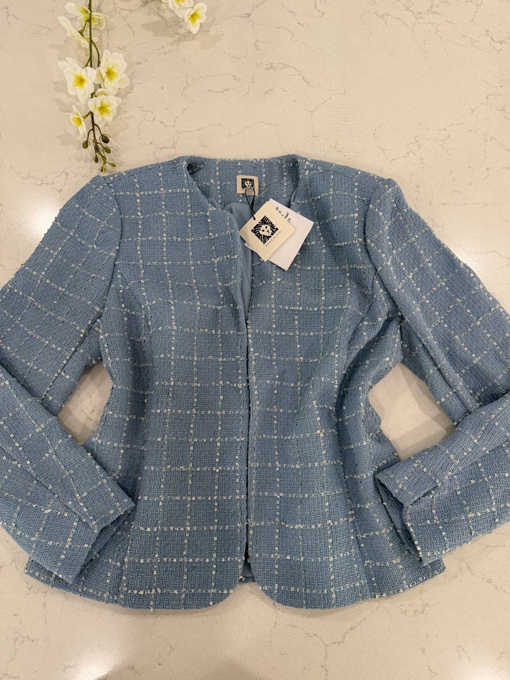 Anne Klein Light Blue Plaid Tweed Collarless Blazer